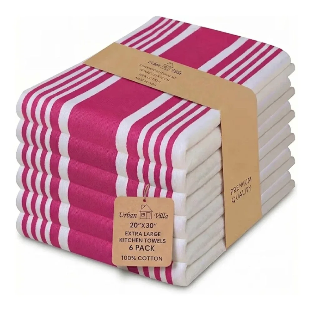 Urban Villa 6 Pack Kitchen Towels 20x30 XL 100% Cotton Pink White Stripe